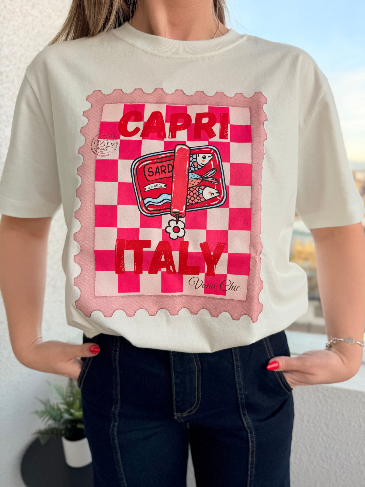 Polera de algodón 100% con estampado Sardinas, Capri