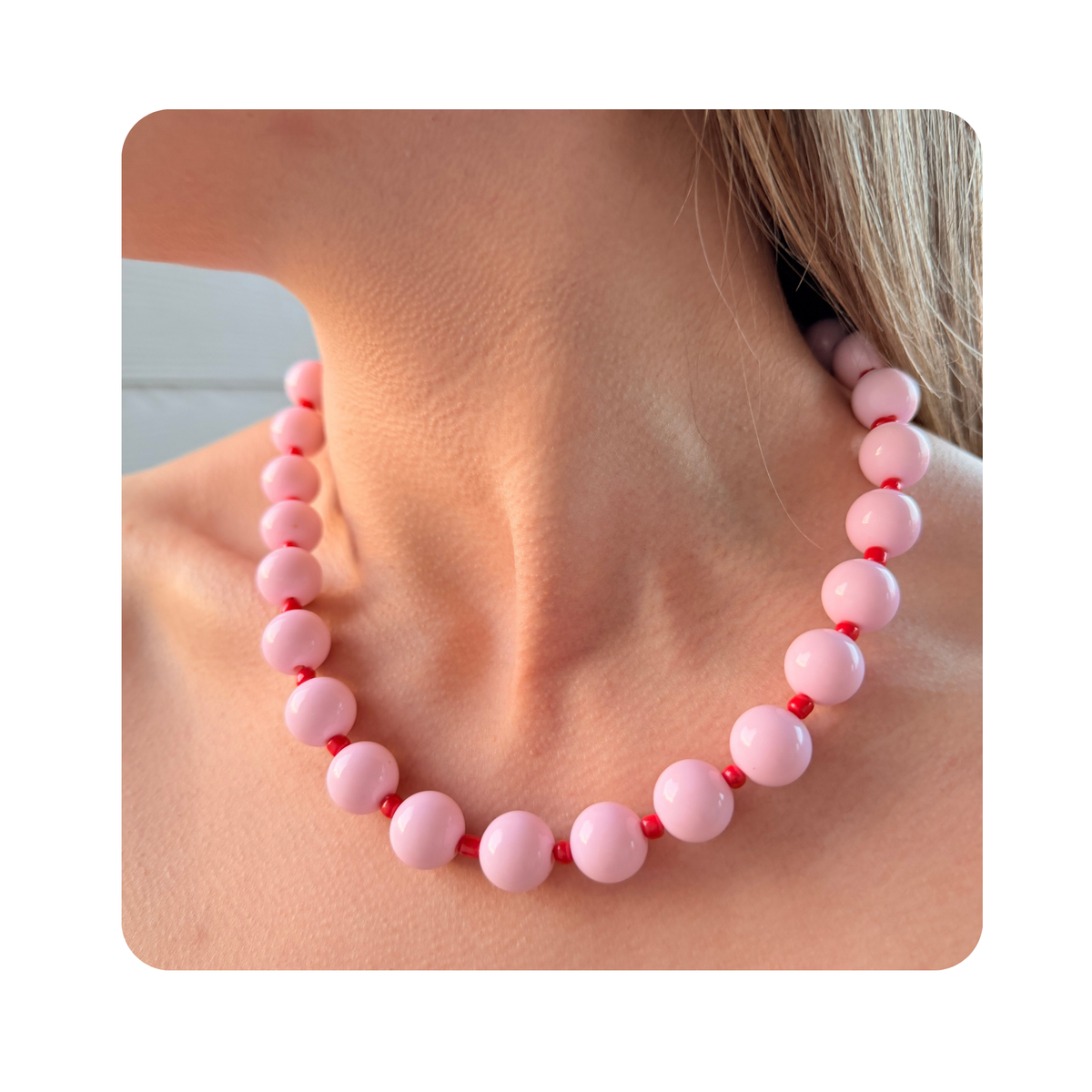 Collar de perla Chicle rosado con rojo