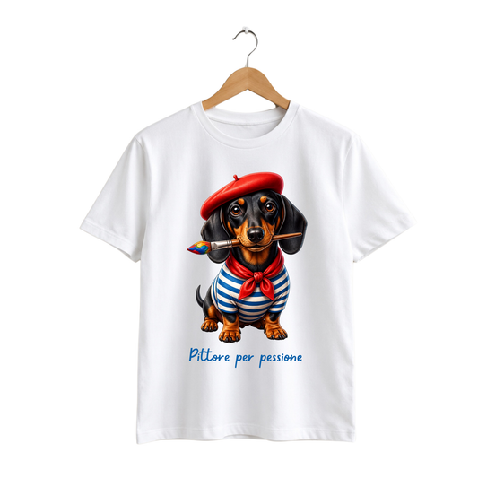 Polera de algodón con diseño Perro Salchicha Pintor