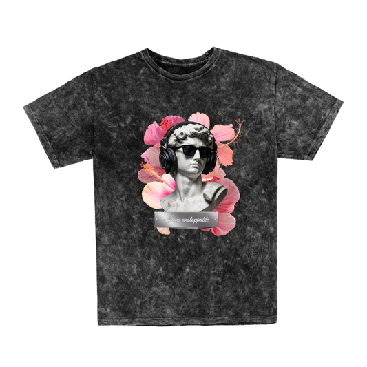Polera Algodón Mineral Wash con Estampado Estatua Audífonos y Flores | Vana Chic