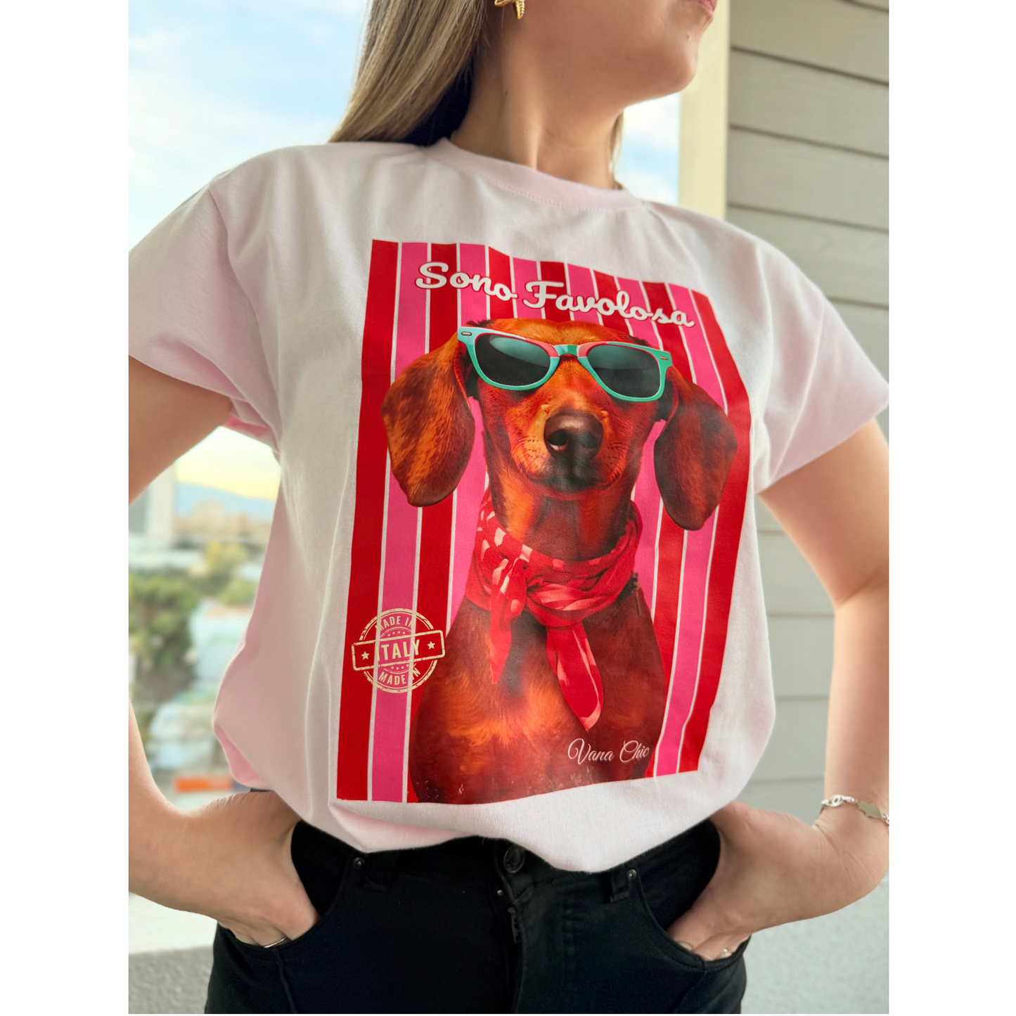 Polera algodón con diseño perro salchicha.